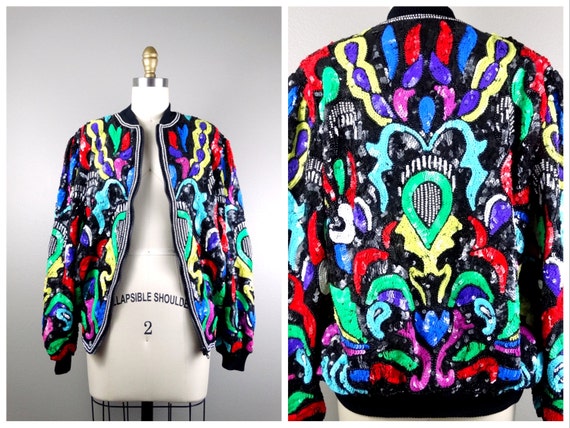 80s Neon Sequin Jacket // Retro Bright Sequined Bo