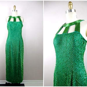 80s 90s Beaded Dress / Bright Emerald Green Fully Beaded Gown • Braxae Vintage Co.