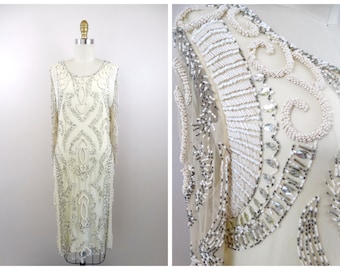Ivory Beaded Dress, M/L Heavily Embellished Vintage Style