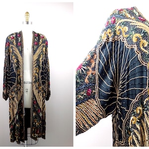 Art Deco Sequin Embellished Overcoat // Gold Beaded Cocoon Long Jacket // Avant Garde Floral Silk Dress Coat 1x