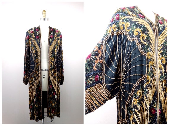 Art Deco Sequin Embellished Overcoat // Gold Bead… - image 1