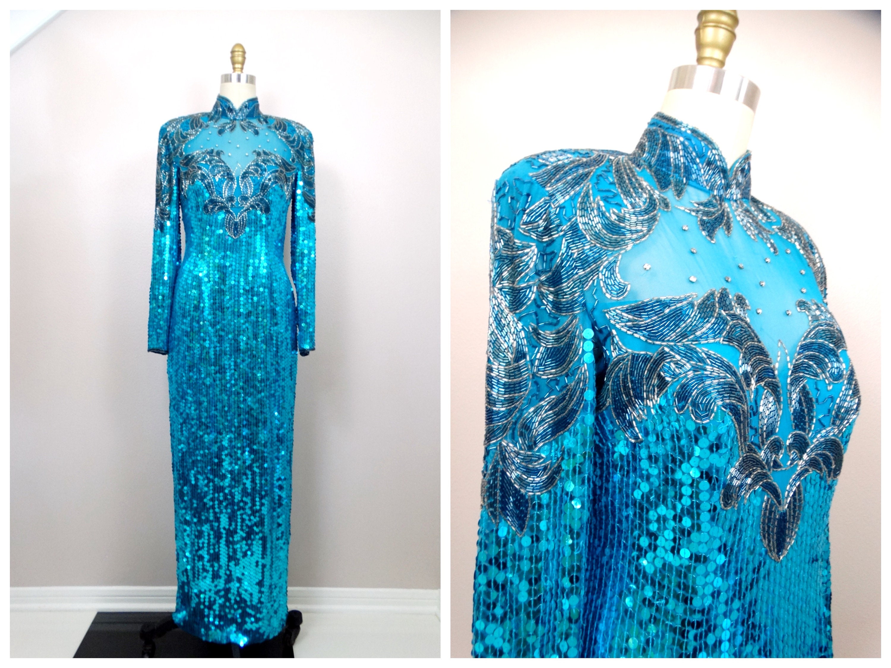 80s Sequined Beaded Turquoise Blue Gown • Vintage Full Length Prom