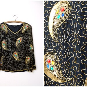 M/L Ornate Jewel Beaded Gold Top // Sequin Embellished Paisley Design Long Sleeve Top