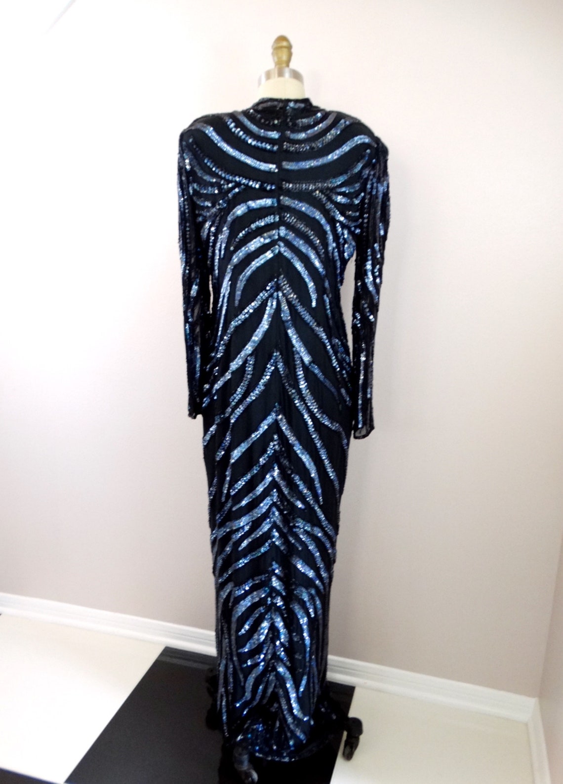 Art Deco Embellished Evening Gown / Black Sequined Full Length Etsy