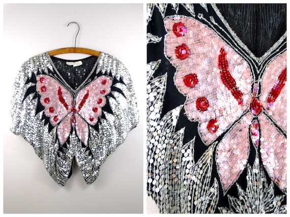 80s Mirror Sequined Butterfly Top // 1980s Silk Be