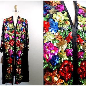 INCREDIBLE Retro Sequin Kimono / Rainbow Floral Long Jacket / Bright Abstract Flower Embellished Open Kaftan