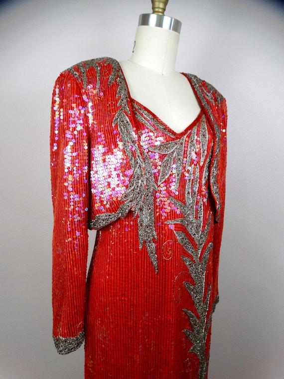 M/L Red Silk Sequined Beaded Evening Gown w/ Bole… - image 2