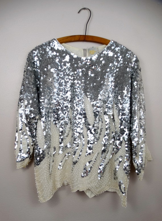 S/M Reflective Mirrored Sequin Top // Silver Sequ… - image 2