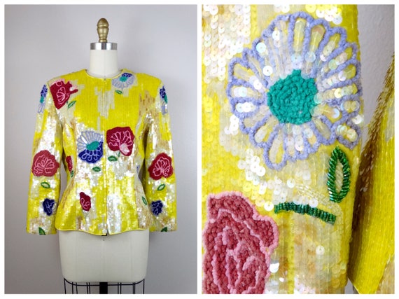 M/L Embroidered Floral Jacket / Bright Yellow Seq… - image 1