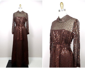 70s Vintage Sequin Embellished Gown // 1970’s Designer Full Length Evening Dress // Dark Brown Sequined Formal Dress by Victor Costa