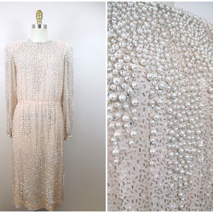 Vintage Crystal Beaded Dress // Heavy Rhinestone Encrusted Sequined Blush Pink Dress // Pearl Embellished Dress