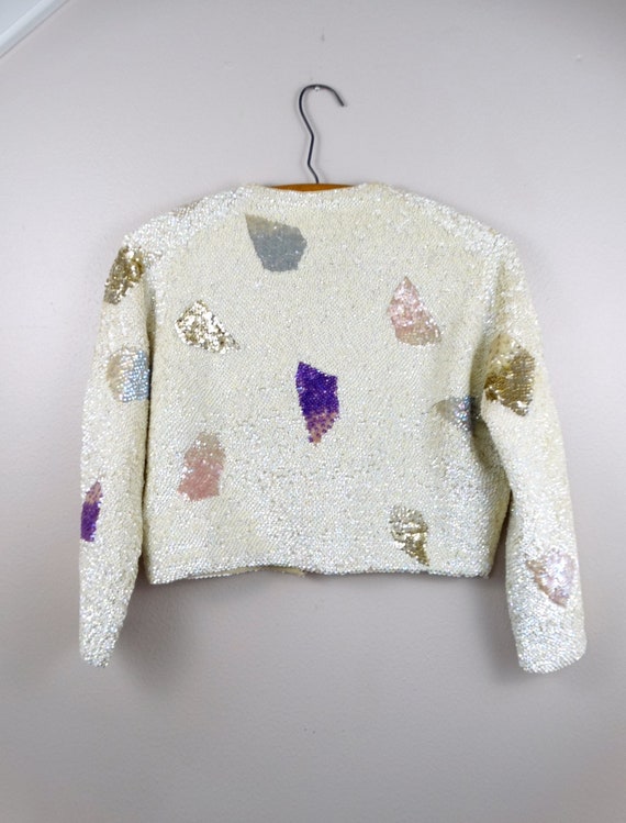 50s Sequin Mini Cardigan / 1950's Iridescent Ivor… - image 4