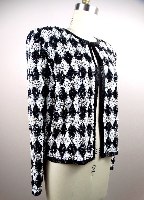 VTG Pearl Beaded Black and White Sequined Jacket … - image 4