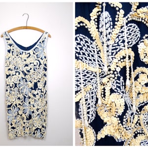 M/L Pearl Fringe Beaded Dress // Navy Blue Hand Beaded Fringe Dress // Dripping Bead Embellished White and Ivory Sequined Cocktail Dress