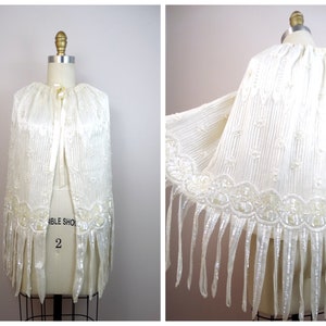 Ivory Lace Hand Beaded Sequin Embellished Fringe Bridal Cloak / One of a Kind Vintage Wedding Cape O/S