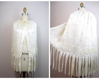 Ivory Lace Hand Beaded Sequin Embellished Fringe Bridal Cloak / One of a Kind Vintage Wedding Cape O/S