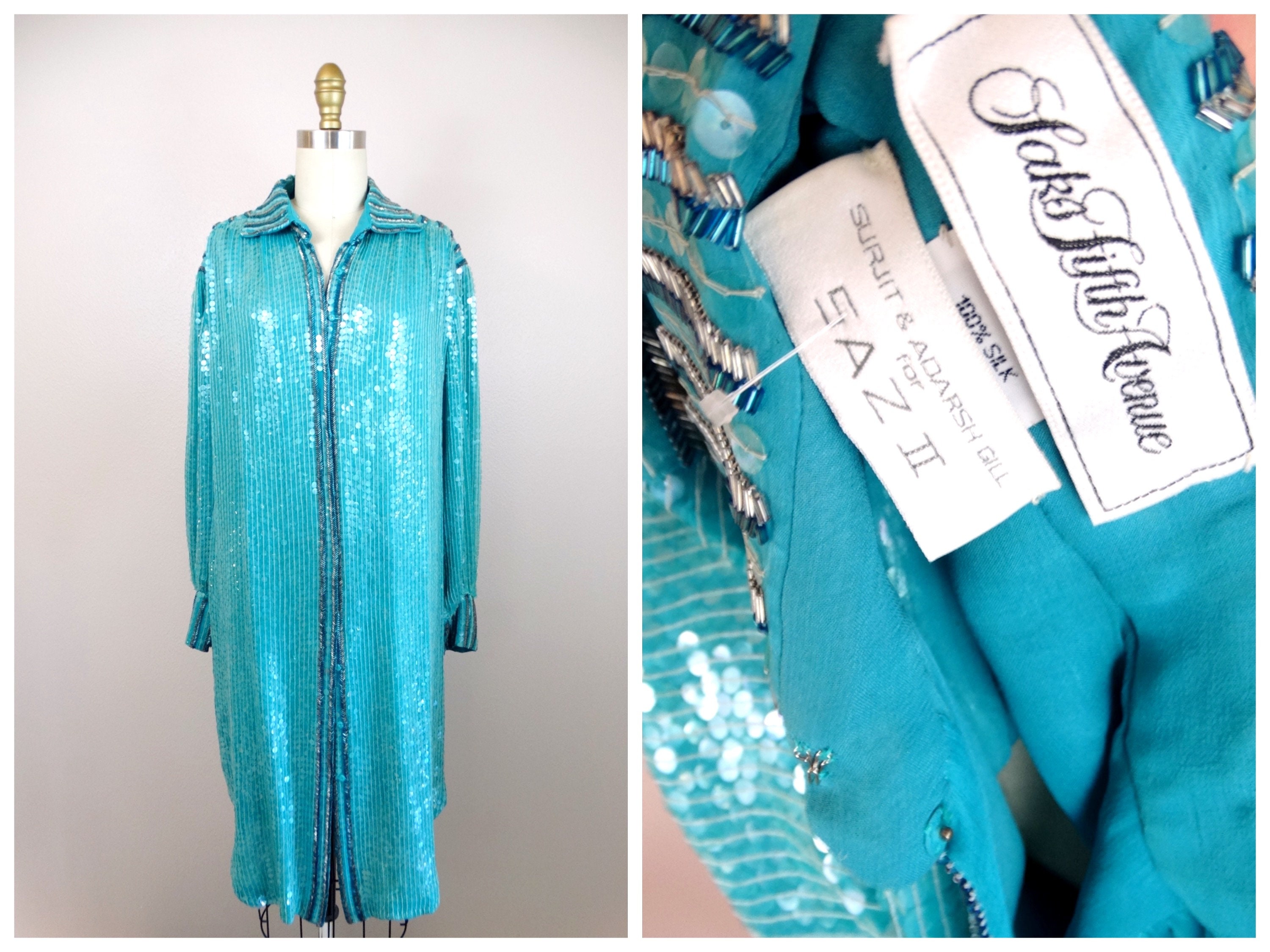 Turquoise Sequined Shirtdress / Vintage Blue Sequin Embellished Long Tunic / Fully Sequined Beaded Long Shirt Dress by Saks Fifth Ave Turquoise Sequined Shirtdress / Vintage Blue Sequin Embellished Long Tunic / Fully Sequined Beaded Long Shirt Dress by Saks Fifth Ave
