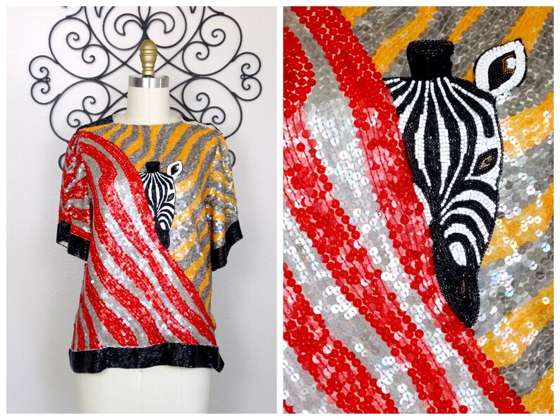 Wild Sequined Novelty Top Red /& White Sequin Striped Top Rare Beaded Zebra Top