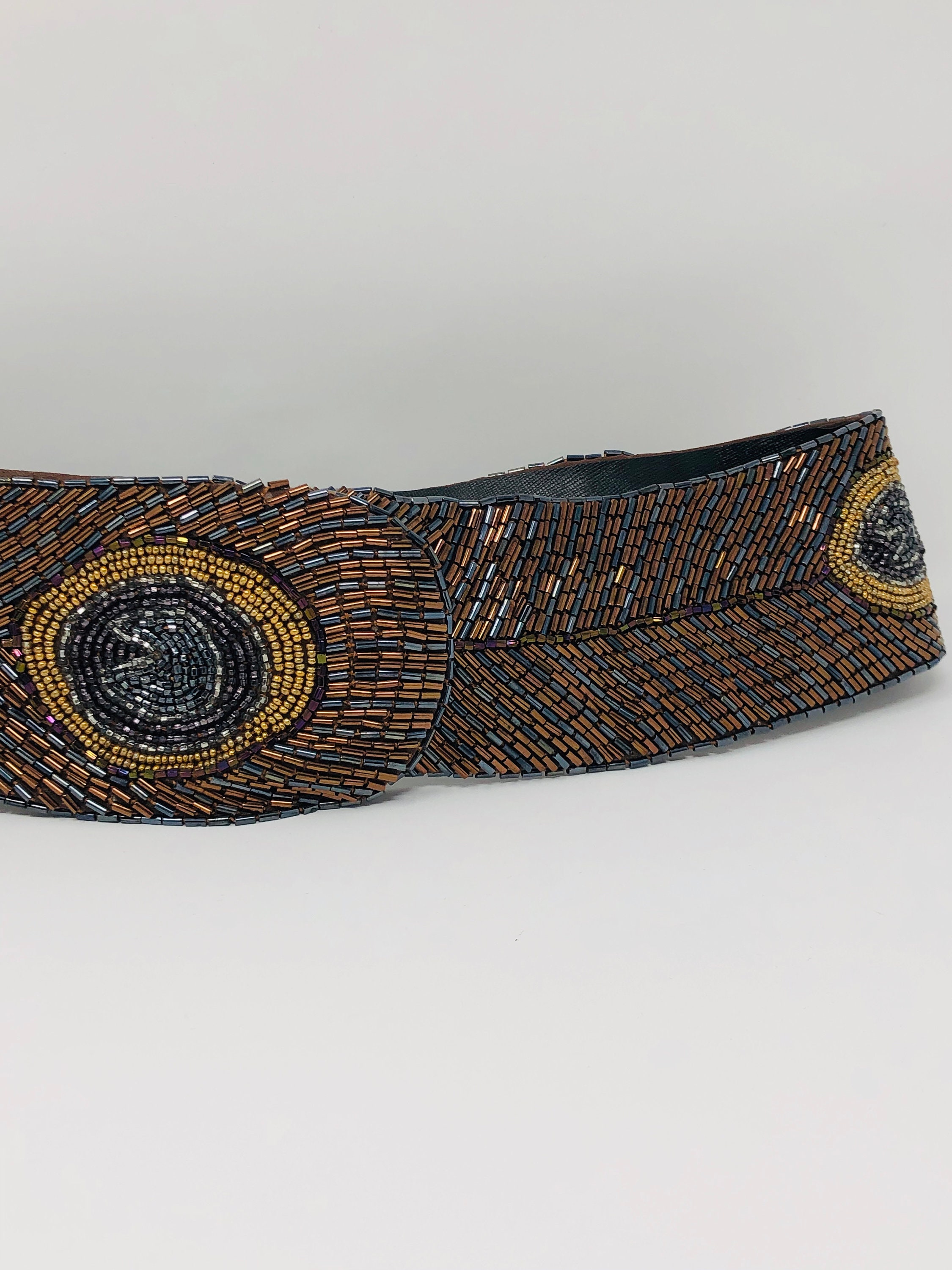 Vintage Cadaz Intricate Seed Beaded Peacock Feather Fold Over Statement Belt Peacock Fully Beaded Belt // Feather Design Bugle Bead  main image 4