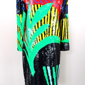 EXOTIC Abstract Sequined Dress / Bright Neon Palm Leaves Novelty Dress / Retro Sequin Scene Novelty Dress image 3