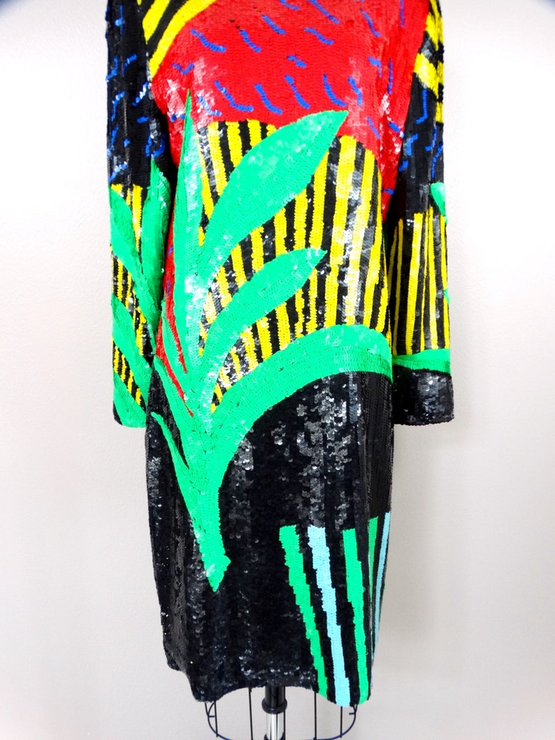 EXOTIC Abstract Sequined Dress / Bright Neon Palm Leaves Novelty Dress / Retro Sequin Scene Novelty Dress image 3