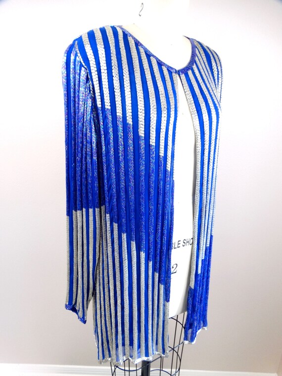 HEAVY Beaded Jacket // Royal Blue and Silver Long… - image 2