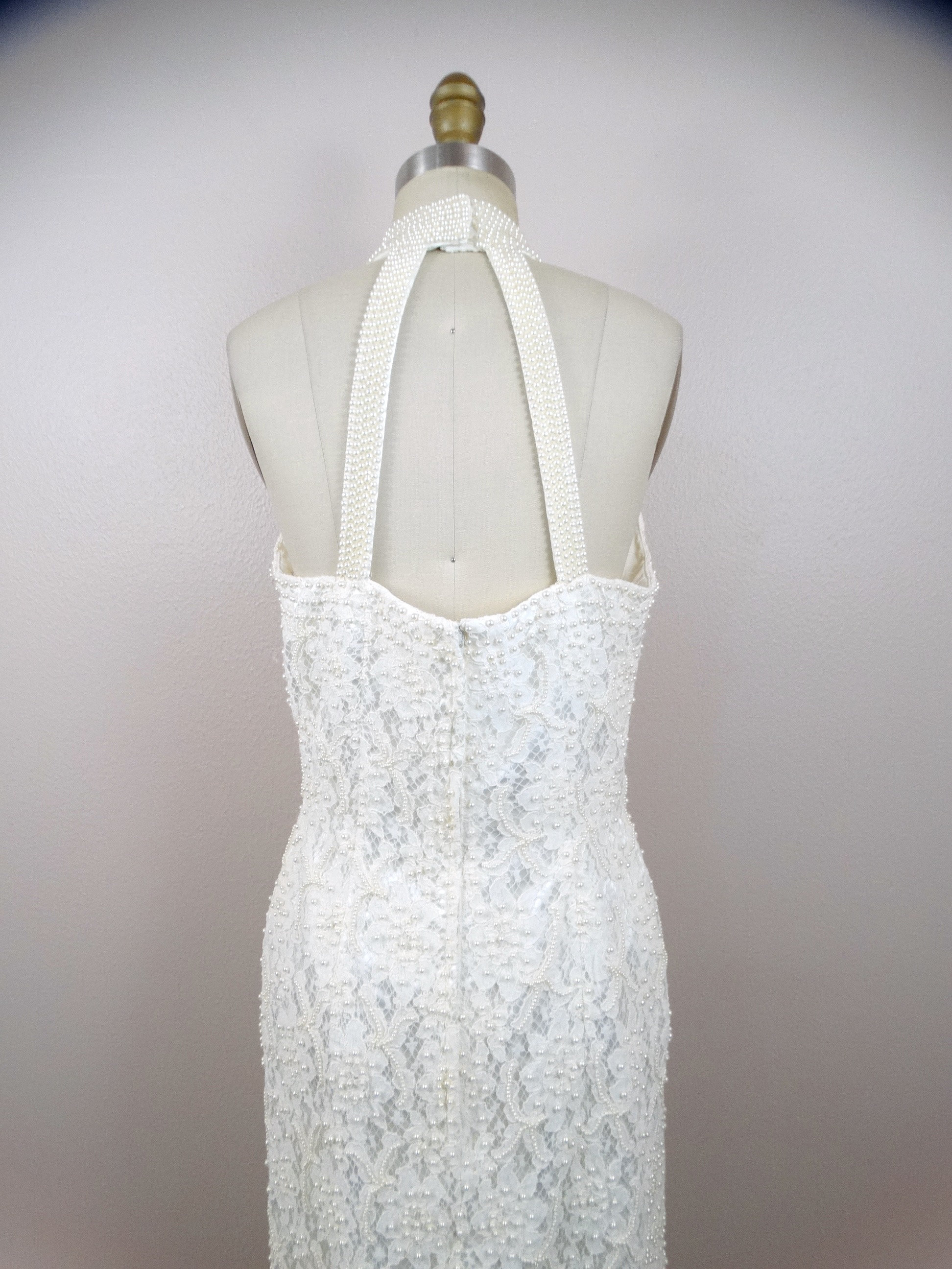 Vintage Pearl Embellished Lace Wedding Dress / Ivory Beaded