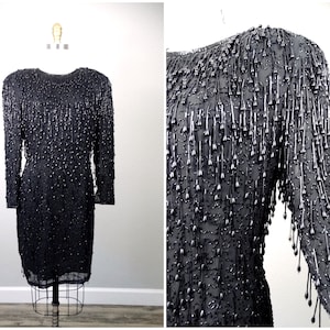 S/M Heavy Tassel Beaded Fringe Formal Evening Dress // Black Fringed Beaded Dress // All Fringe Teardrop Dress // Little Black Dress LBD