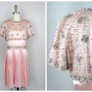 50s Crystal Beaded Cocktail Dress / Rhinestone Beaded Pink Silk Satin Dress
