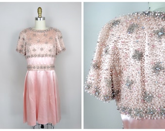 50s Crystal Beaded Cocktail Dress / Rhinestone Beaded Pink Silk Satin Dress