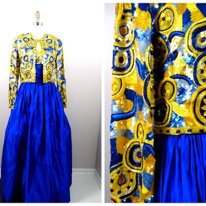 70s Designer Couture Beaded Sequined Gala Gown / 1970’s Royal Blue and Yellow Sequin Embellished Full Length Ballgown