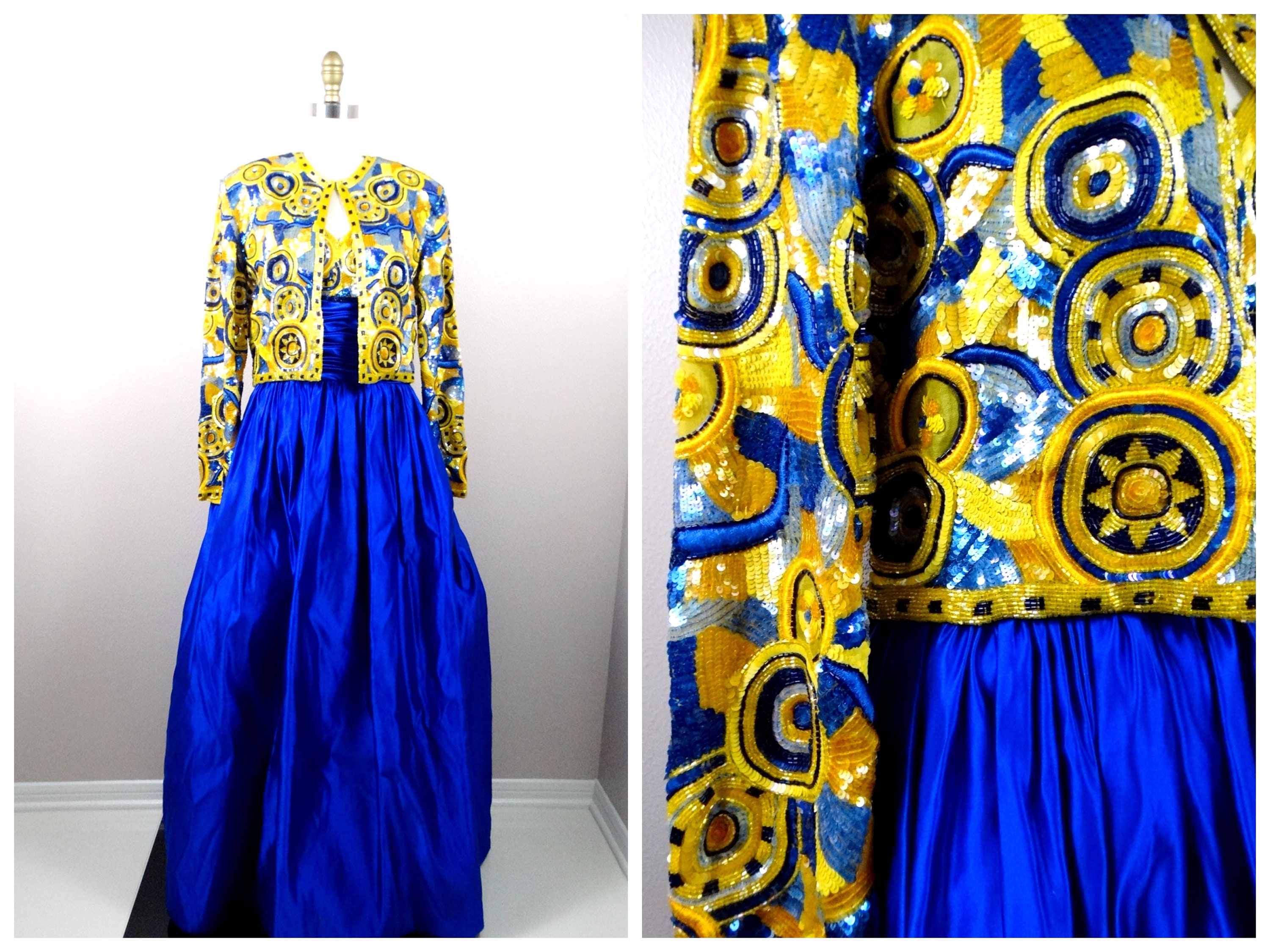 70S Designer Couture Beaded Sequined Gala Gown/1970's Royal Blue & Yellow Sequin Embellished Full Length Ballgown