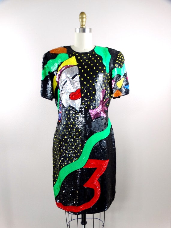 POP ART Funky Sequin Dress / RARE Retro Glam Sequ… - image 5