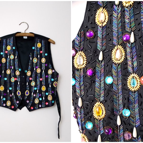 Bedazzled Vest by Caché / Jewel Embellished Shrug / Vintage Jeweled Open Top / Rainbow Gem Beaded Vest