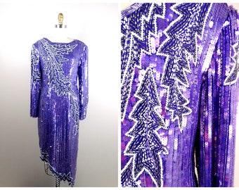 VTG Purple Sequined Dress / All Sequin Embellished Silk Beaded Dress