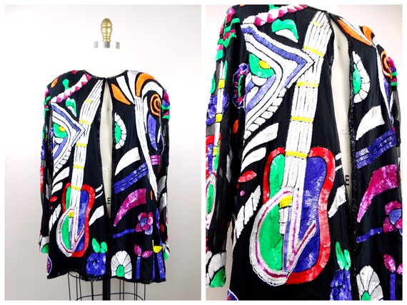 Rockstar Glam Guitar Sequined Cardigan / Retro Musician Fully - Etsy