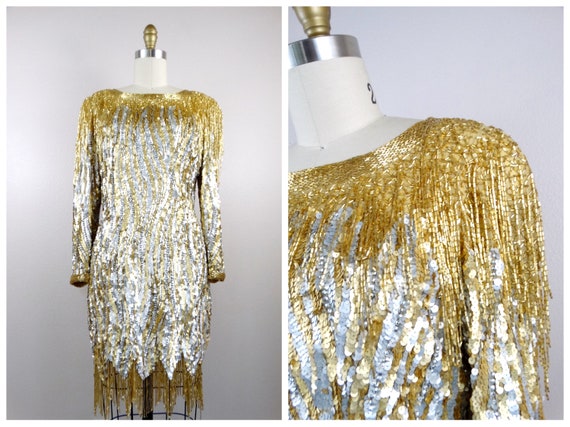 Vintage Oleg Cassini Sequin Fringe Dress, Silver & Gold Beaded Mini - Etsy