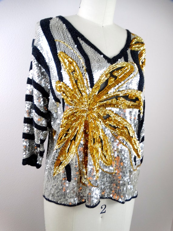 M/L Vintage Sequin Top / St. Martin Mirror Silver… - image 2