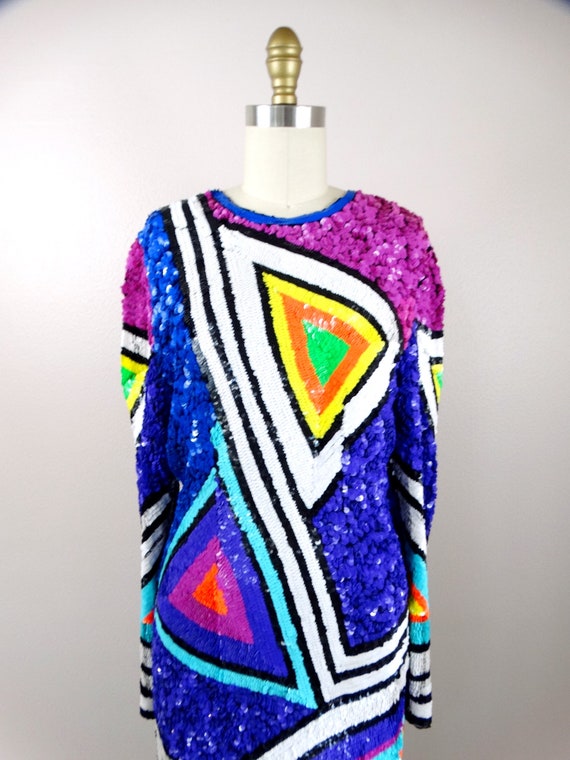 80s Funky Sequin Dress / Neon Sequined Dress / 19… - image 2