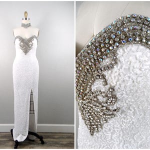 90s Vintage Rhinestone Couture Bridal Gown / Hand Sewn Fully Beaded Wedding Gown / White 1980&#39;s 1990&#39;s Sexy Bustier Wedding Dress