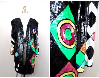 Funky 90s Sequin Long Jacket / Neon Color Pop Black Silk Blazer