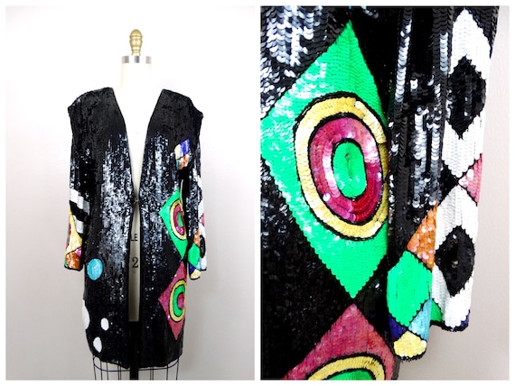 Funky 90s GLAM Sequin Jacket // Neon Color Pop Bl… - image 1