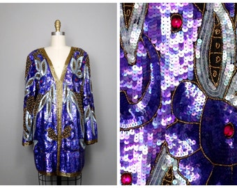 Plus Size Purple Sequin Embellished Long Jacket // Sequin Beading Silk Open Shrug // Beaded Sequin Blazer Large XL 2x 3x