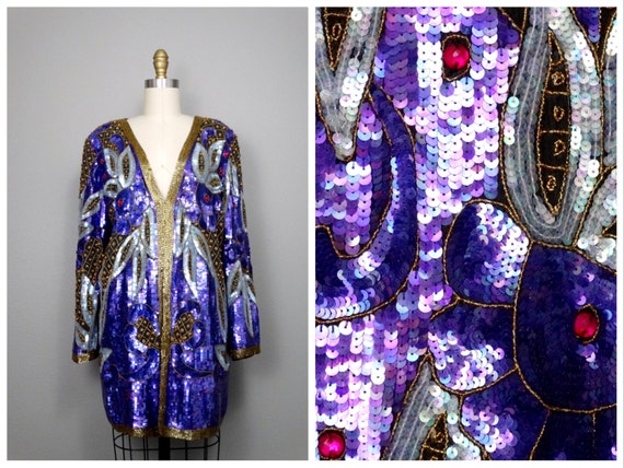 Plus Size Purple Sequin Embellished Long Jacket /… - image 1