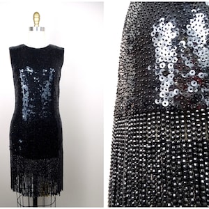 60s Valentina Fringe Beaded Micro Mini Dress // Vintage Black Sequin 1960&#39;s Go-Go Twiggy Dress