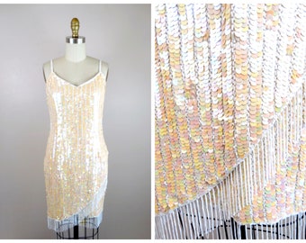 Iridescent Fringe Beaded Sequined Dress • Ivory Sequined Dress • White Fringed Beaded Dress