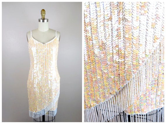 Iridescent Fringe Beaded Sequined Dress • Ivory S… - image 1