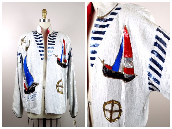 80s Nautical Novelty Sequin Vintage Jacket // Sai… - image 5