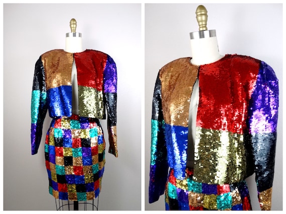 80s 90s Sequin Color Block Bolero Jacket and Mini… - image 1