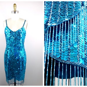 S/M Bright Blue Beaded Fringe Dress // Aqua Sequined Tassel Beading Dress // Fully Embellished Hand Beaded Dress